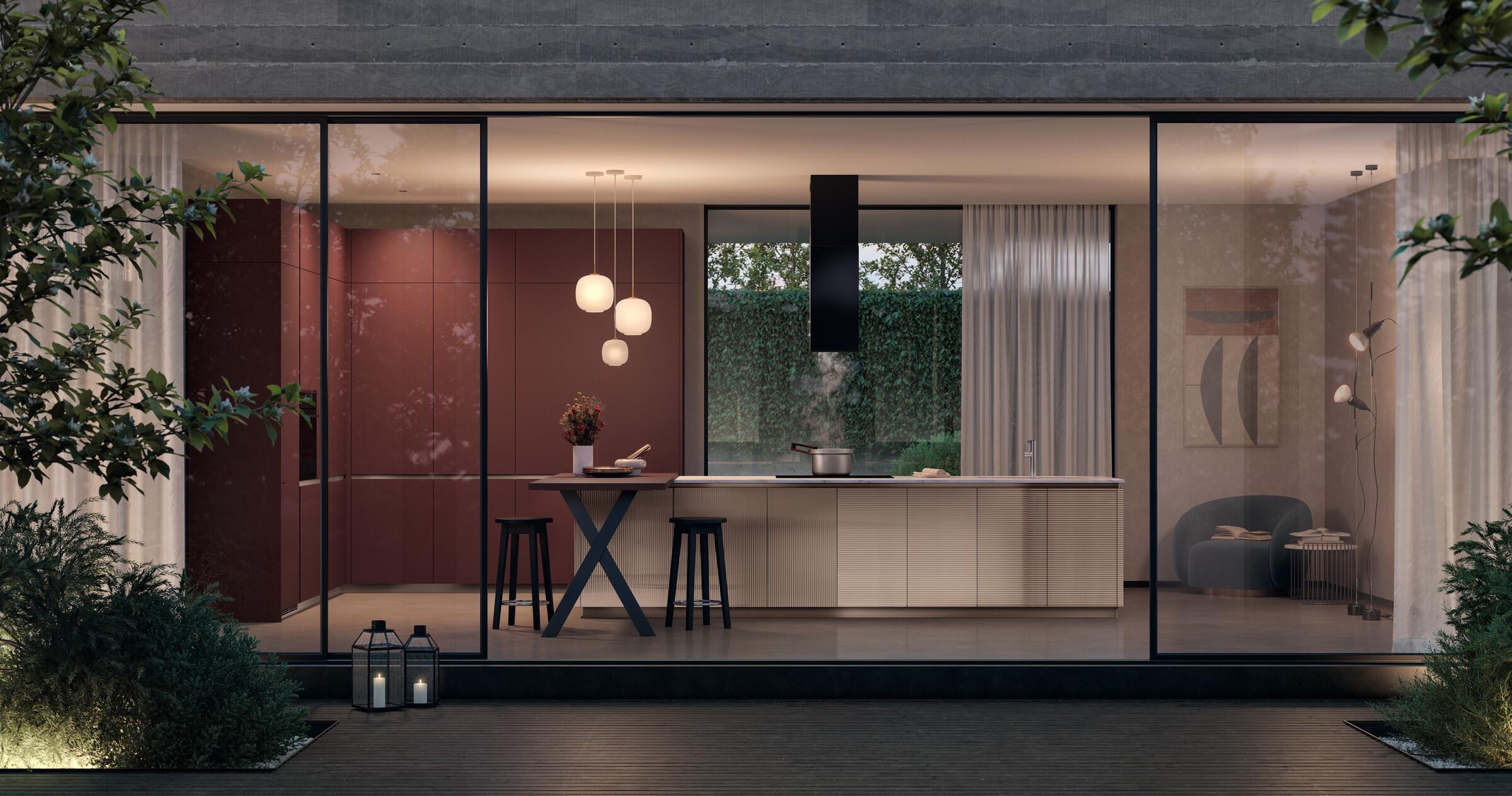 Scavolini Lumina kitchen – Composition with island, Jaipur Red Fenix NTM® and Pas Dosé slat glass doors