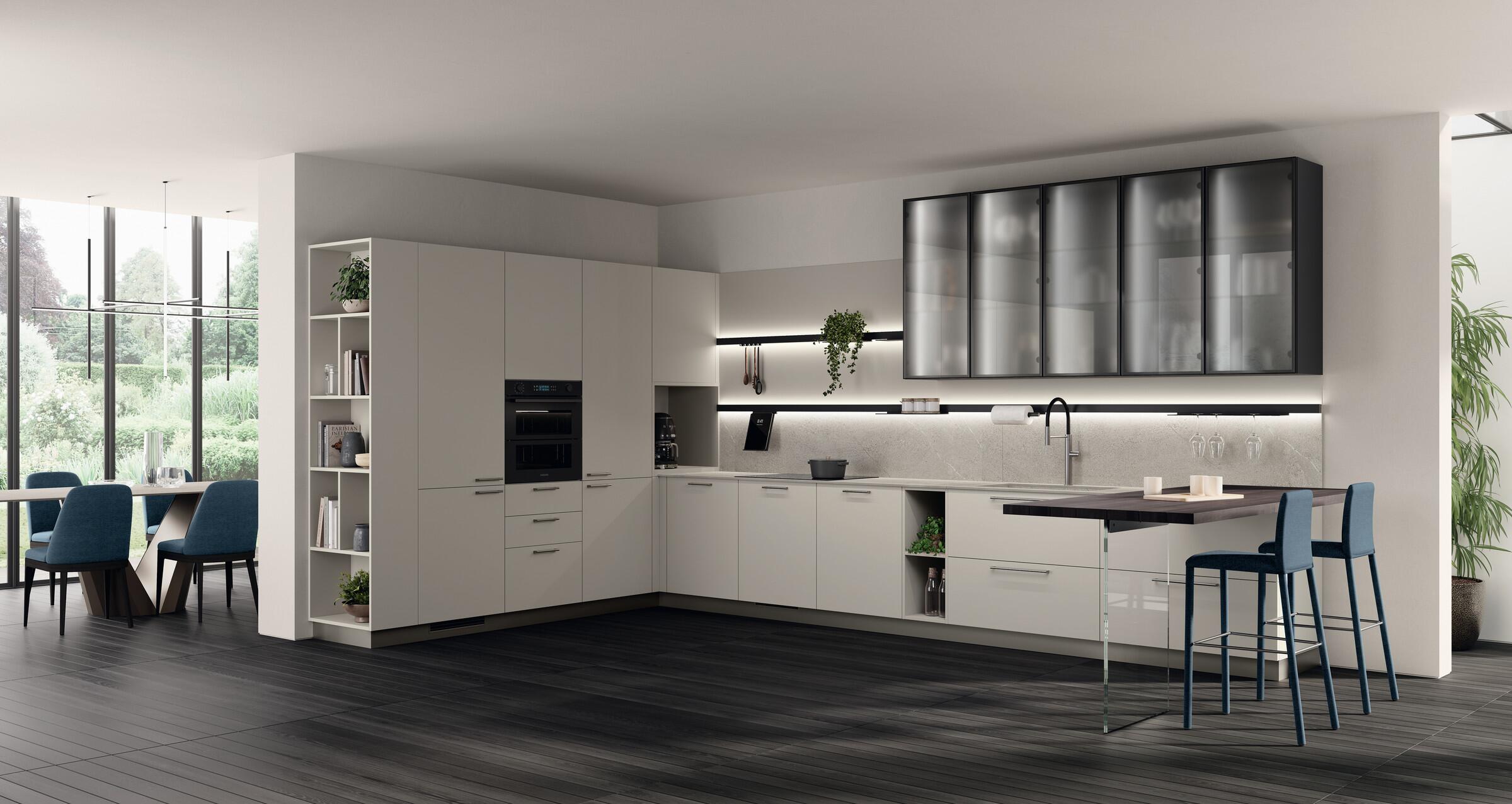Scavolini Moda kitchen – Corner composition, Light Grey matt lacquered doors and dark steel finish Aluminium frame doors