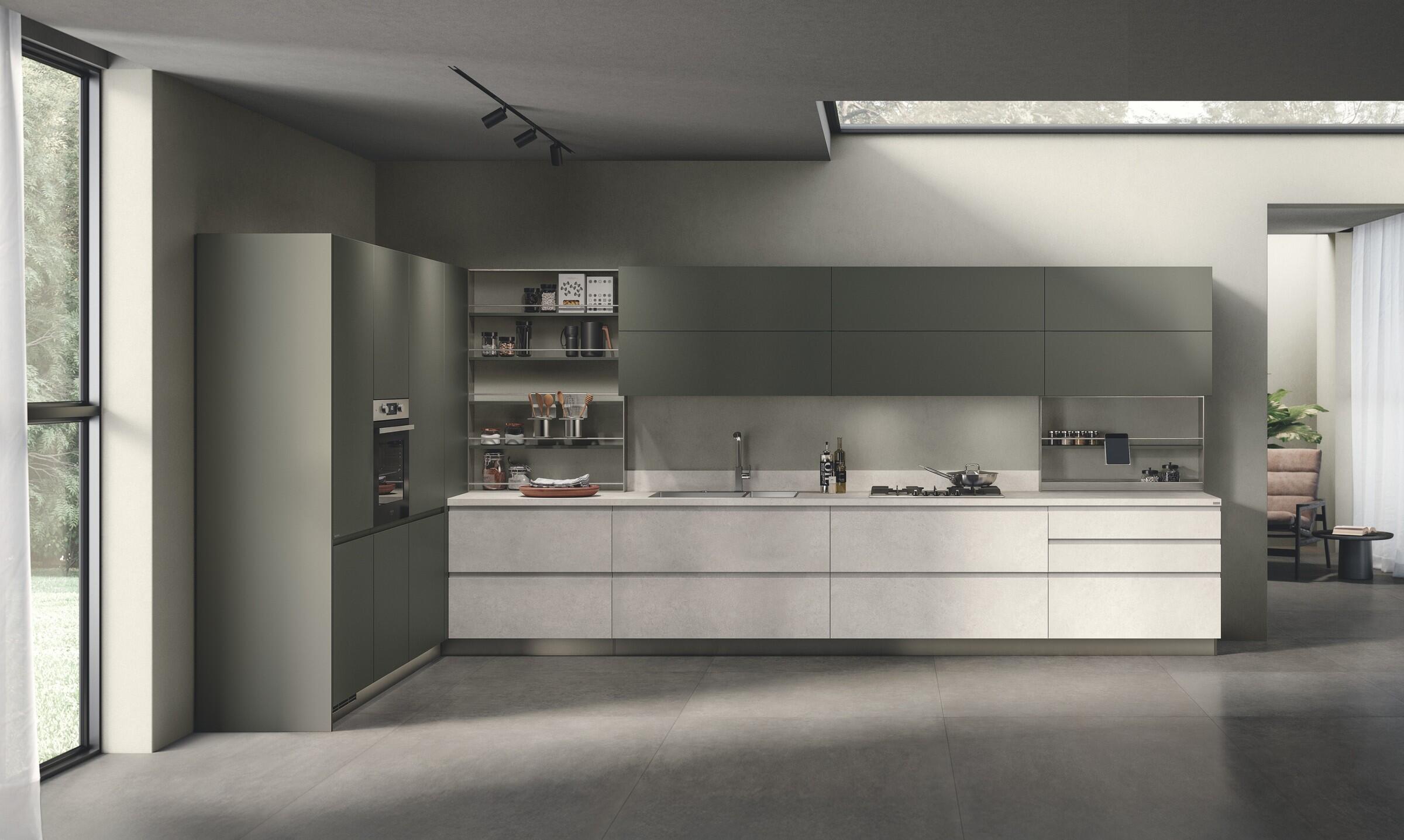 Scavolini Motus kitchen – Corner composition with Solar Stone decorative melamine doors and Mineral Green matt lacquered doors