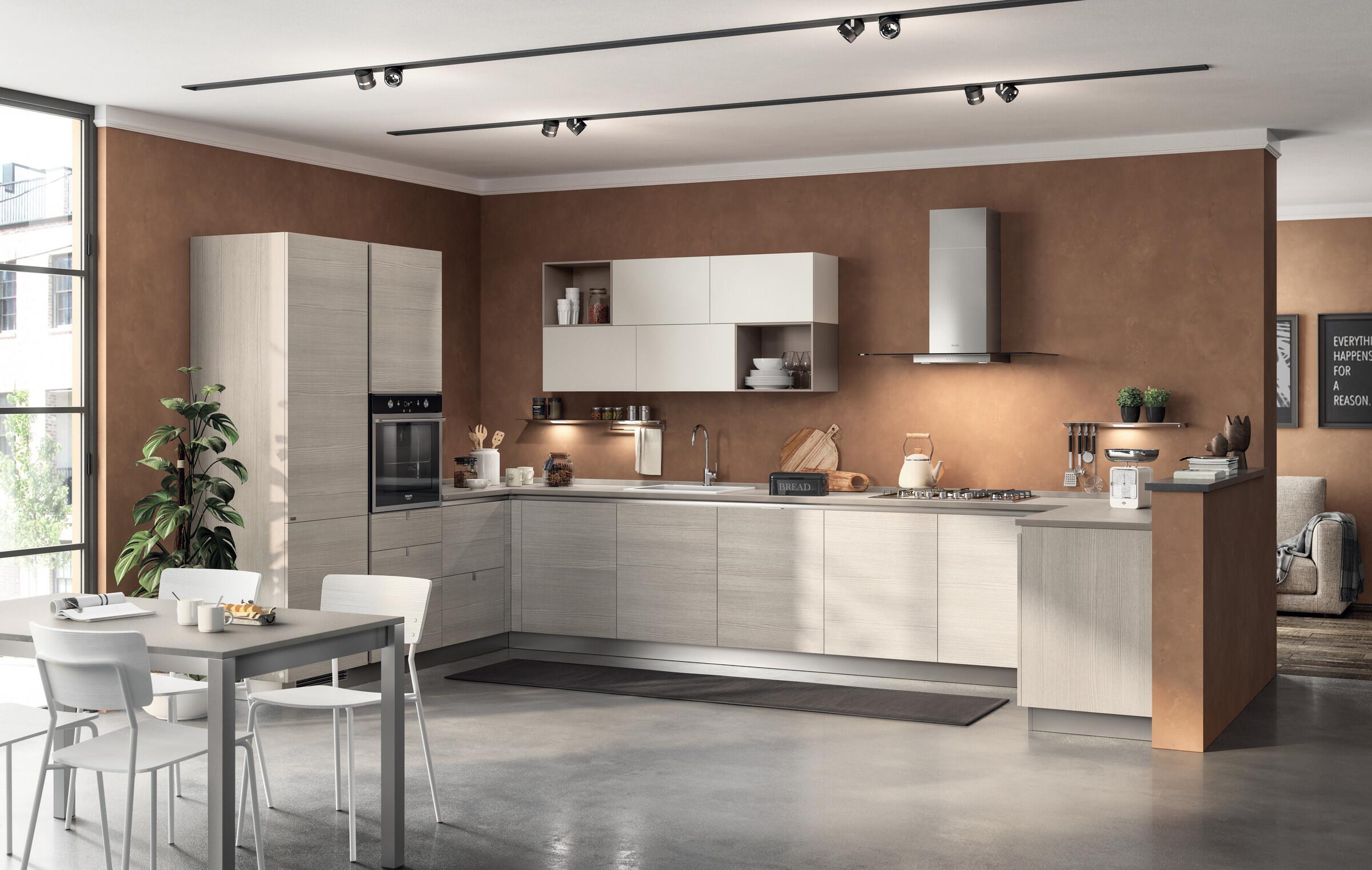 Scavolini Urban Minimal handle-free kitchen in Pasha Larch decorative melamine