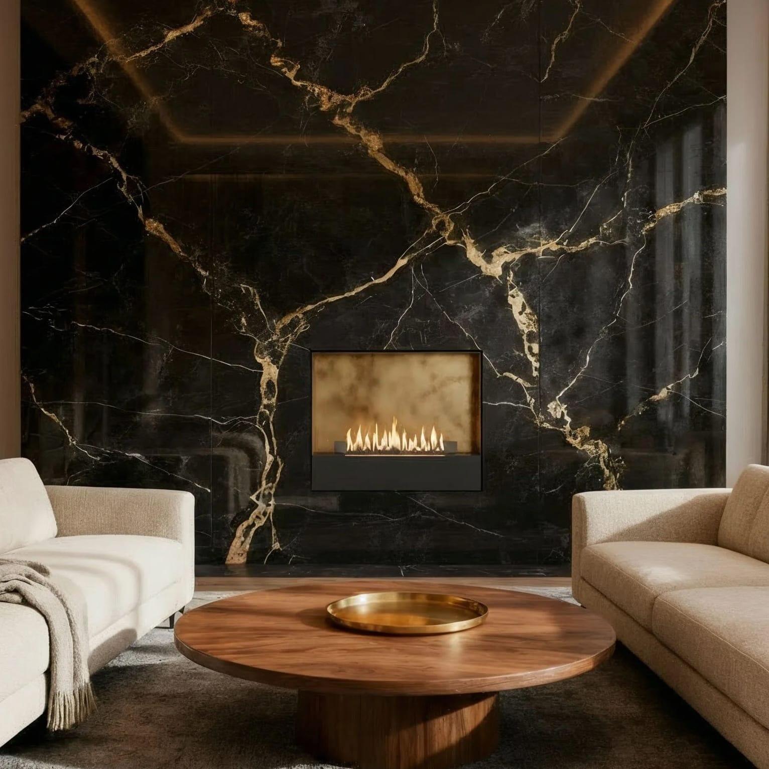 Milan fire in a black marble wall in a contemporary lounge