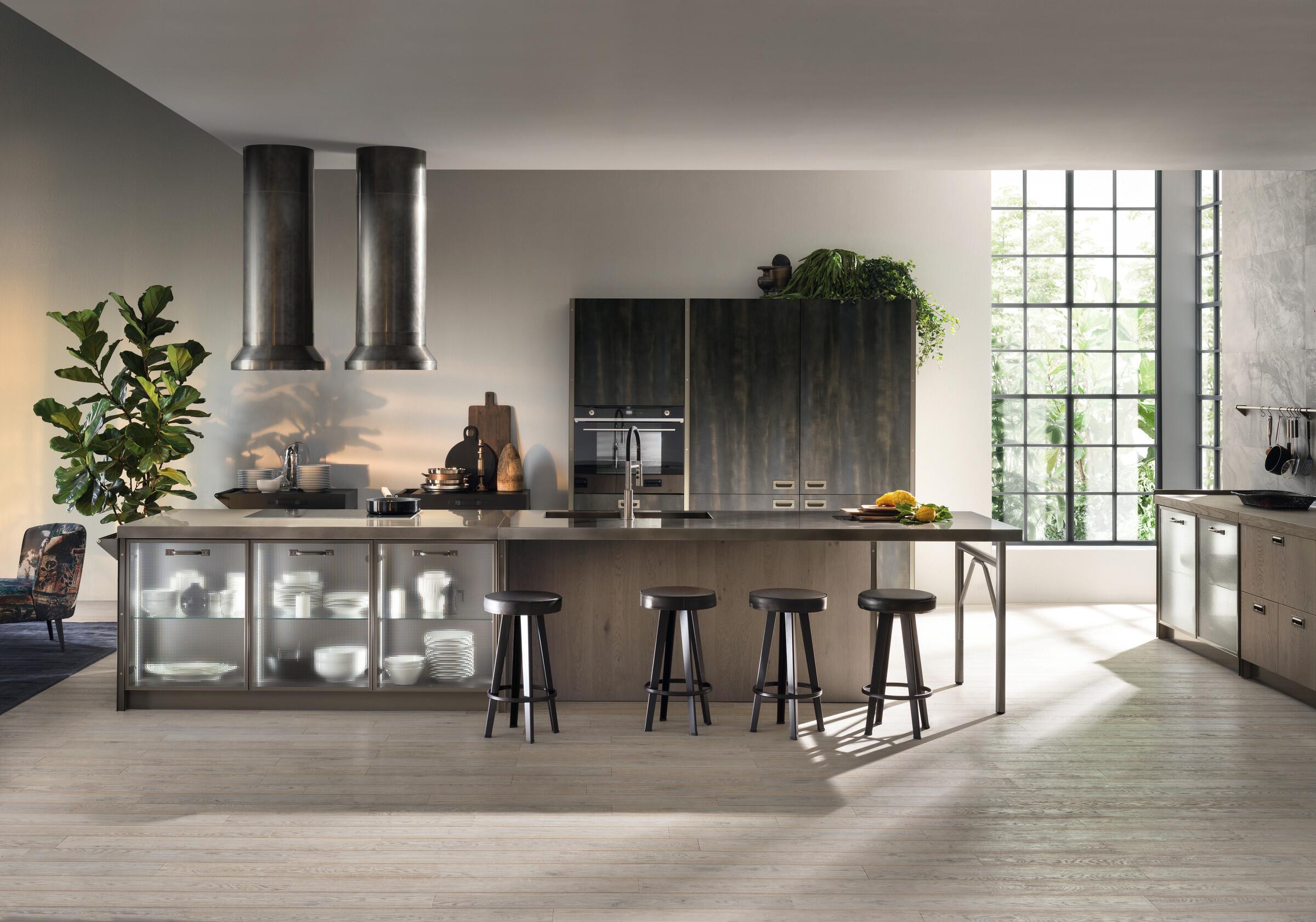 Scavolini Diesel Get Together kitchen island with framed Soft Industrial Glass doors