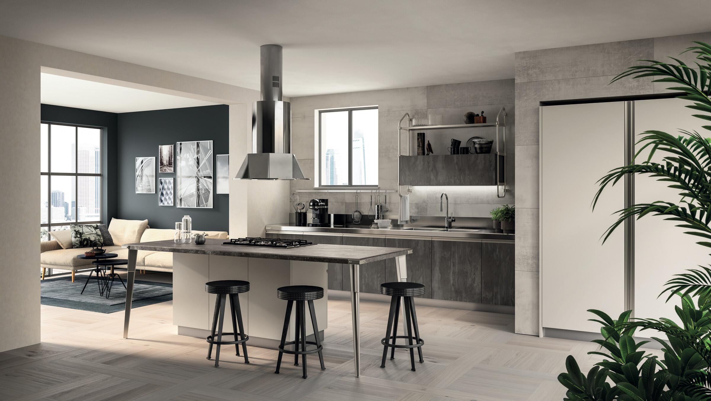 Scavolini Diesel Open Workshop kitchen in Light Grey and Concrete Harlem