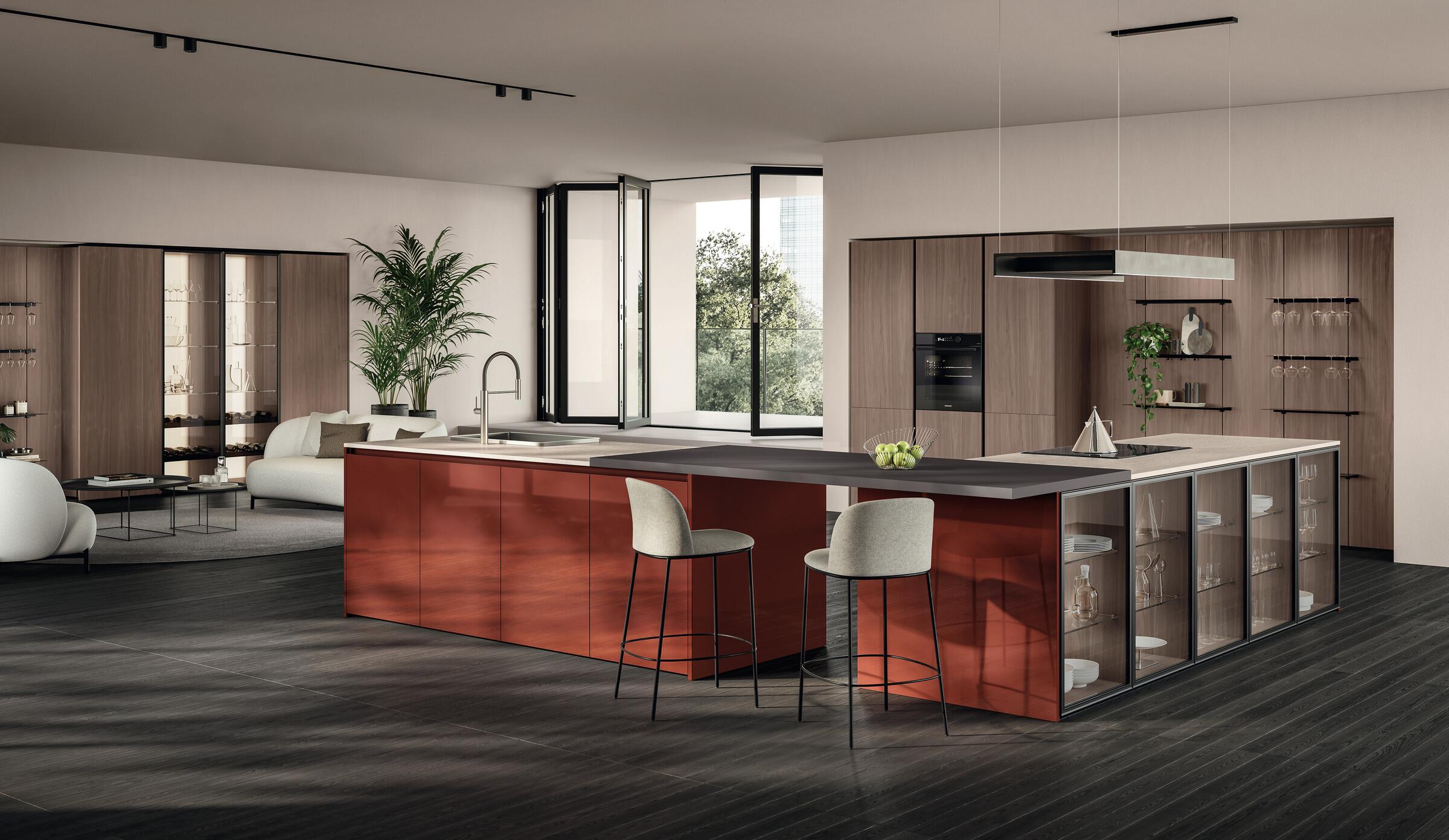 Scavolini Essenza kitchen – Composition with island, Classic Walnut decorative melamine doors
