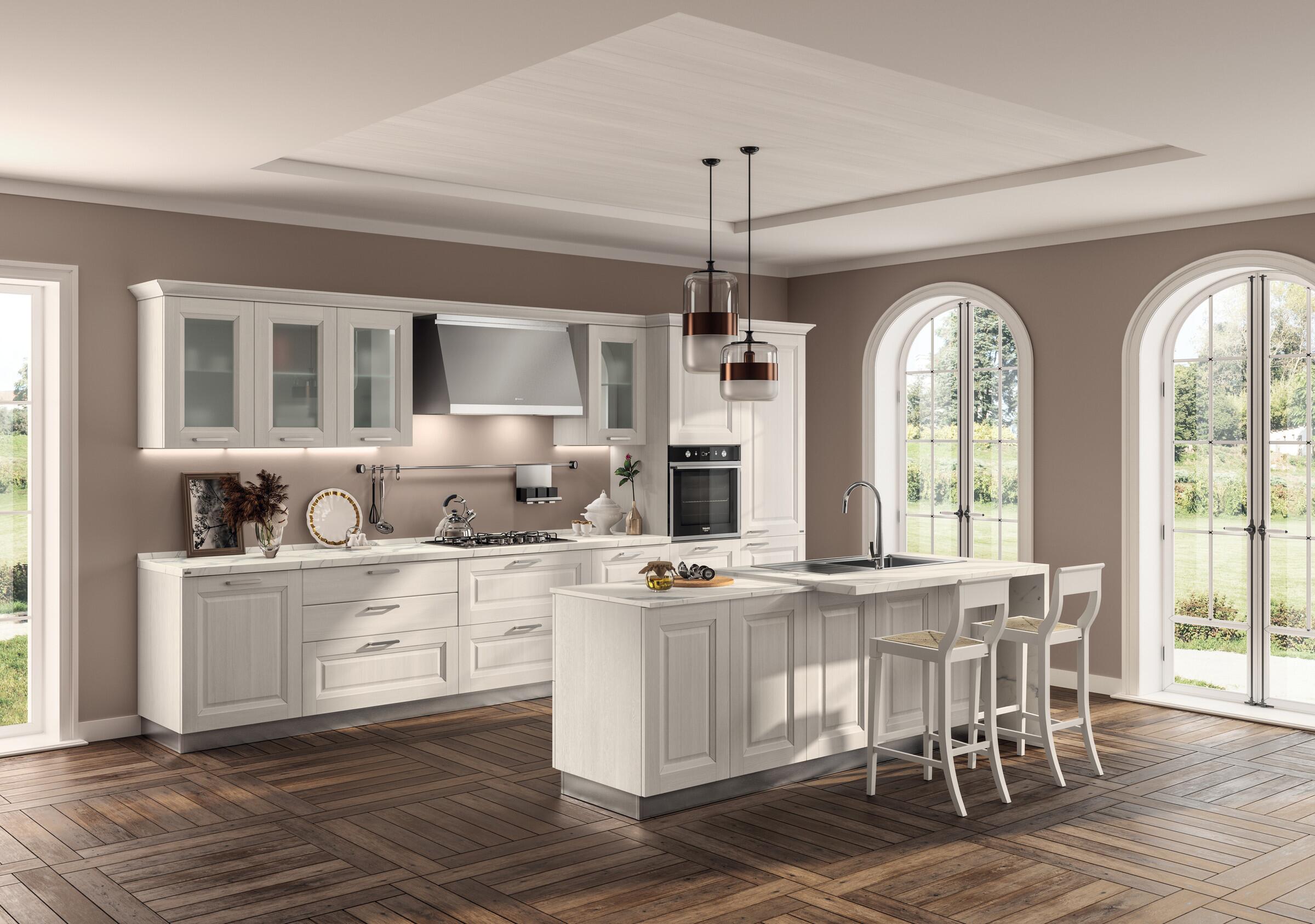 Scavolini Family kitchen with Snow Larch glass-door wall units