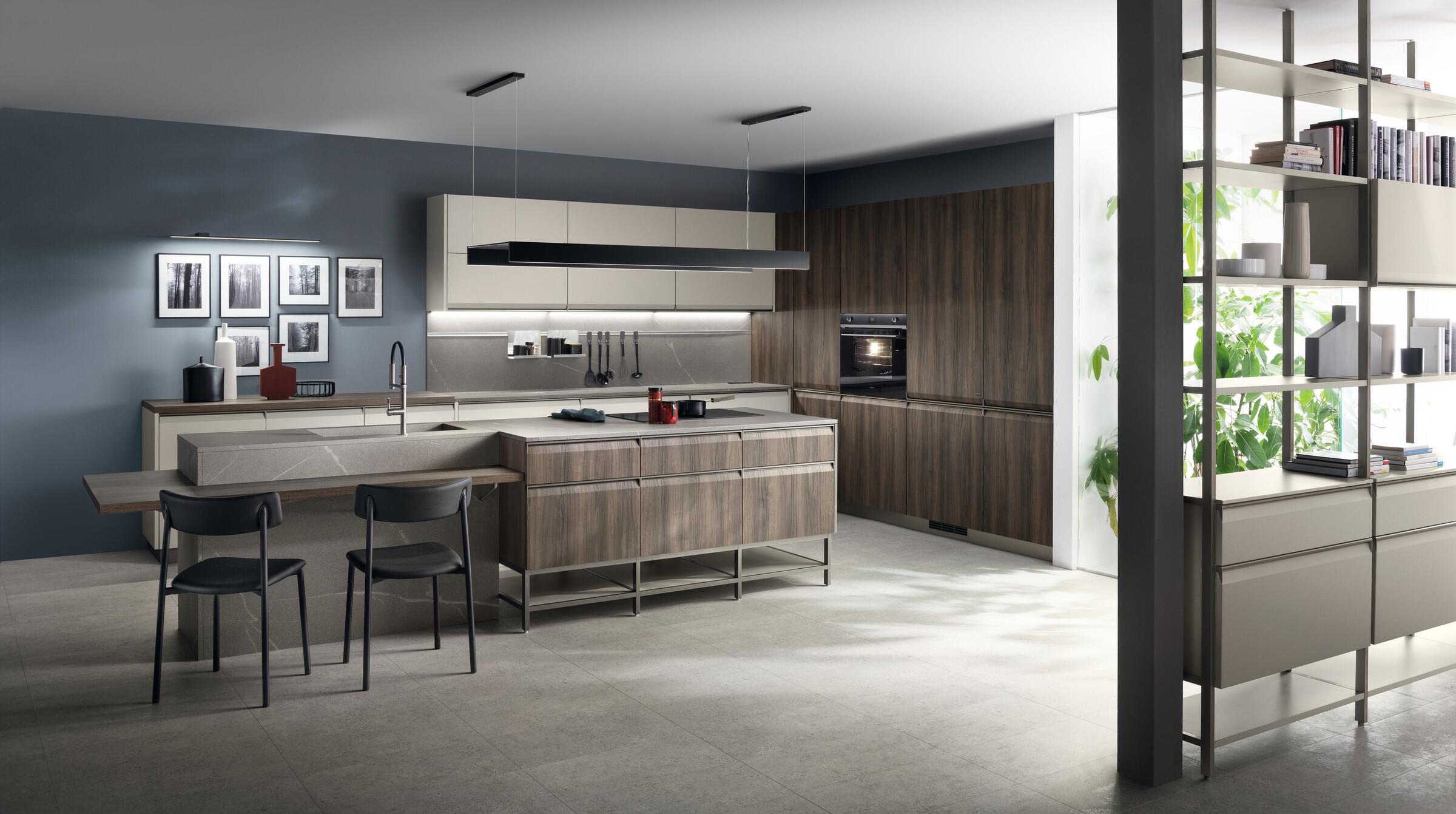 Scavolini Formalia kitchen island with shaped top-handle doors and open steel shelving