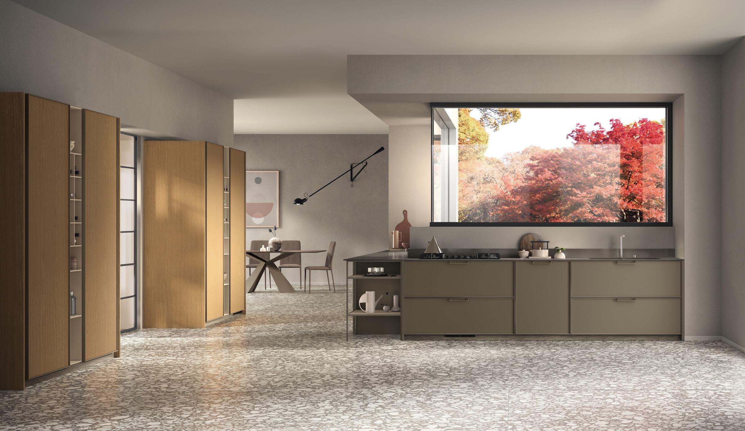 Scavolini Jeometrica kitchen – Corner composition, Matera matt lacquered and Ear of Wheat Oak veneered doors with Titanium frame