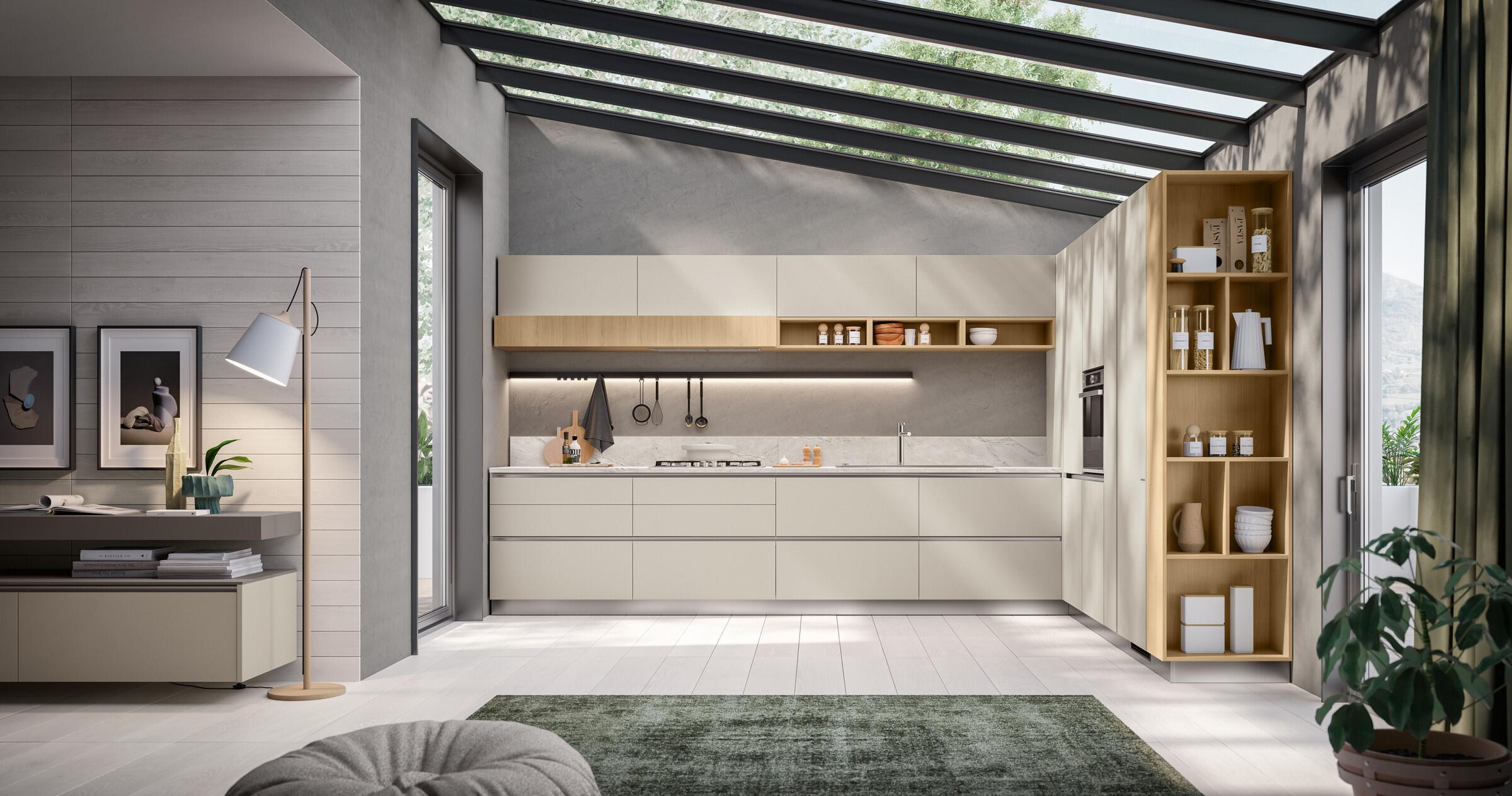 Scavolini Lumina kitchen – Corner composition, Hemp and Gold Oak decorative melamine doors