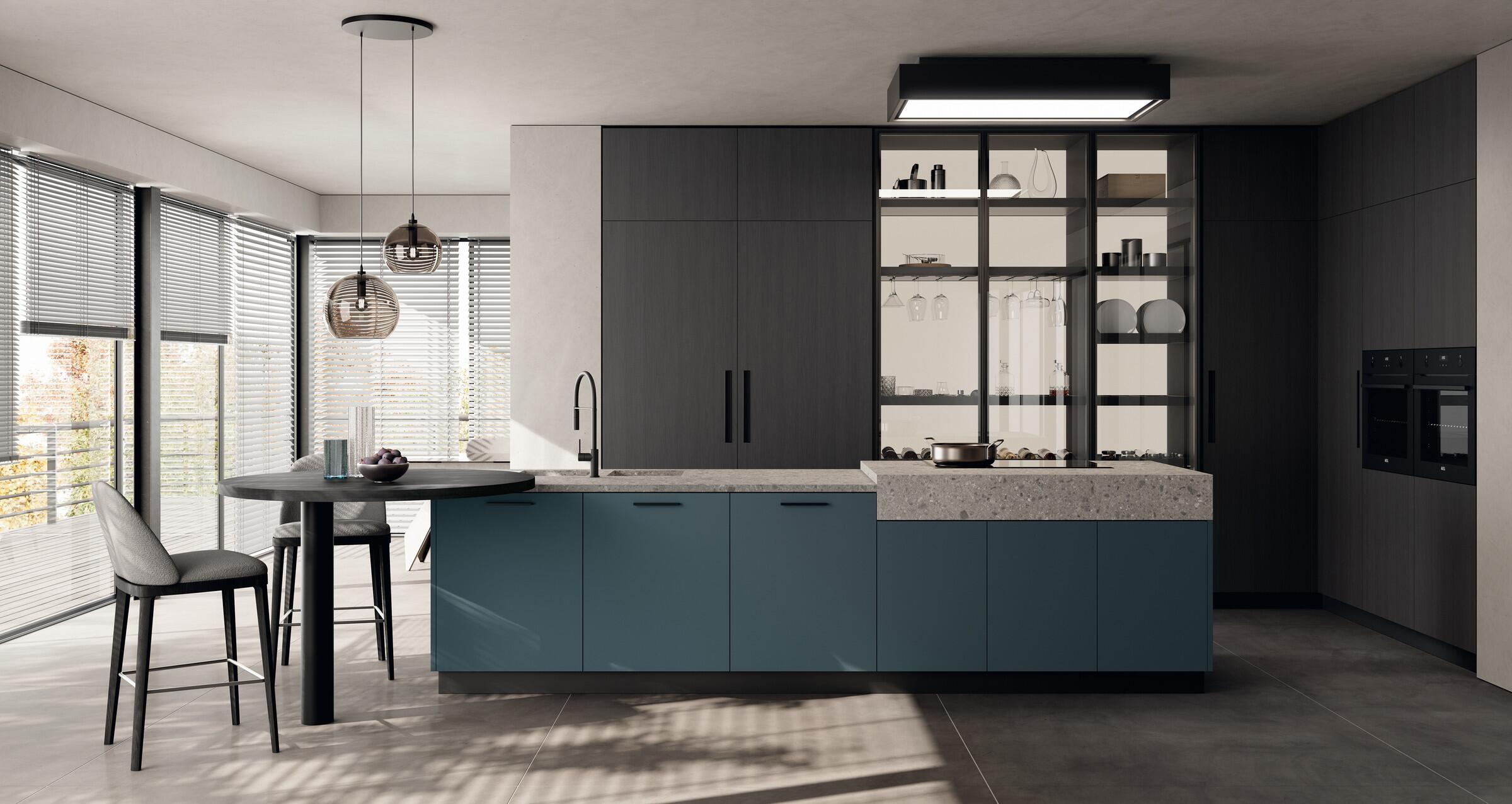 Scavolini Moda kitchen – Composition with island, Teal Green matt lacquered doors