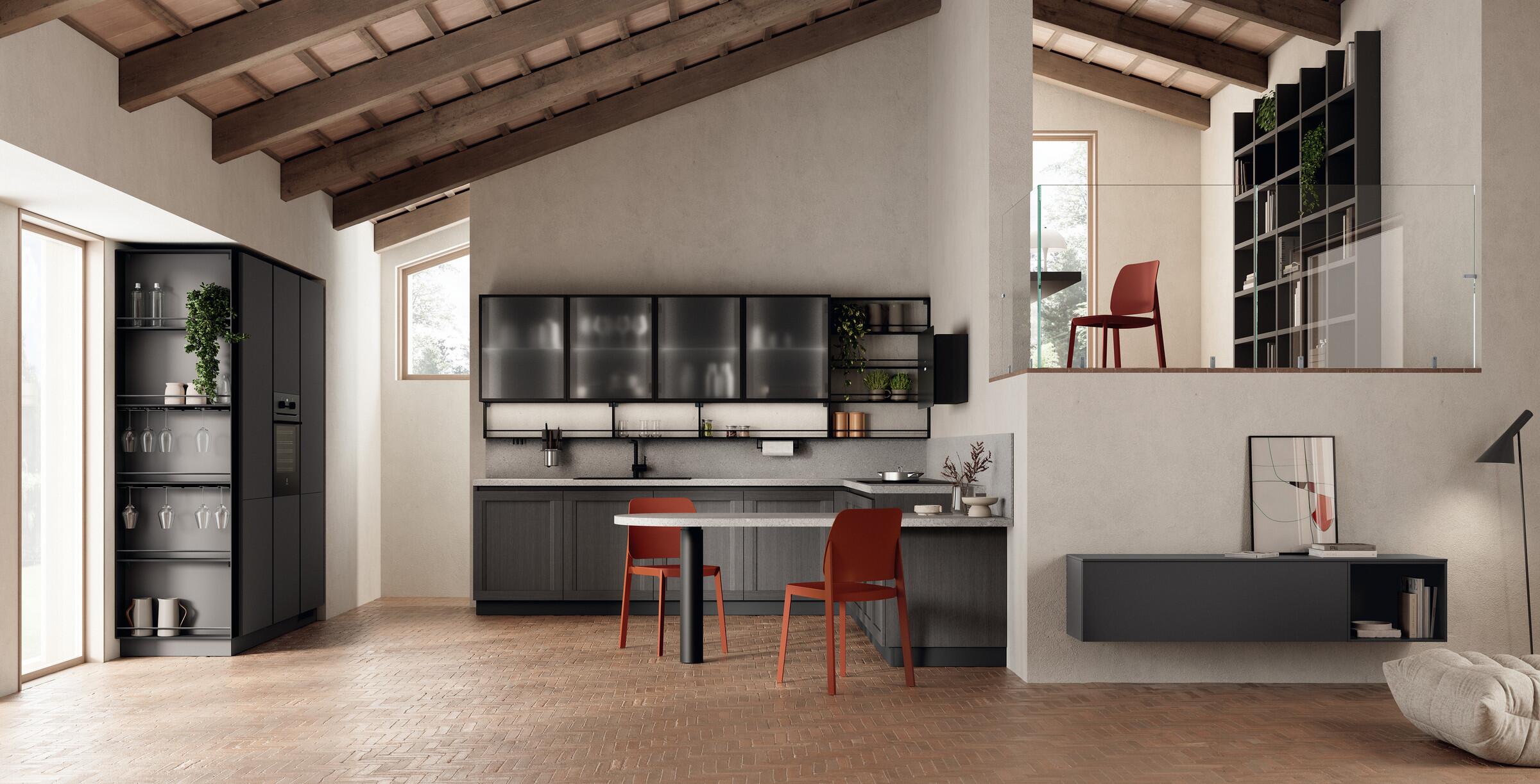 Scavolini Regola kitchen – Corner composition, Town Oak decorative melamine frame doors