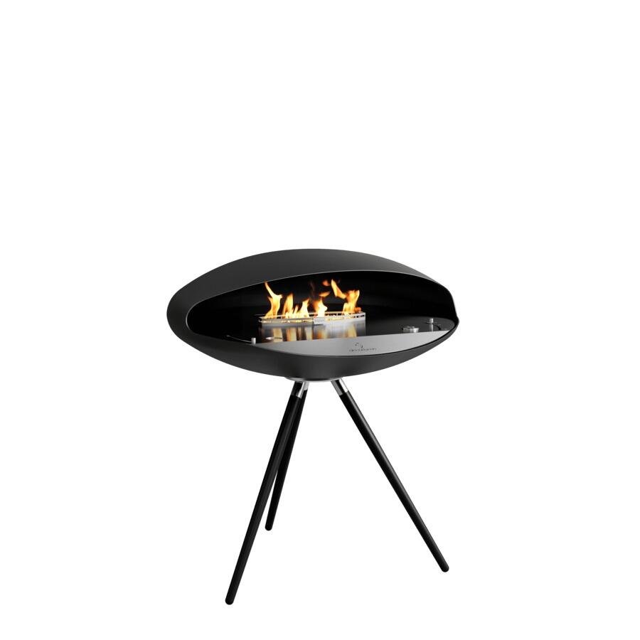 Espoo floor-standing fire with brushed steel top plate and black oak legs