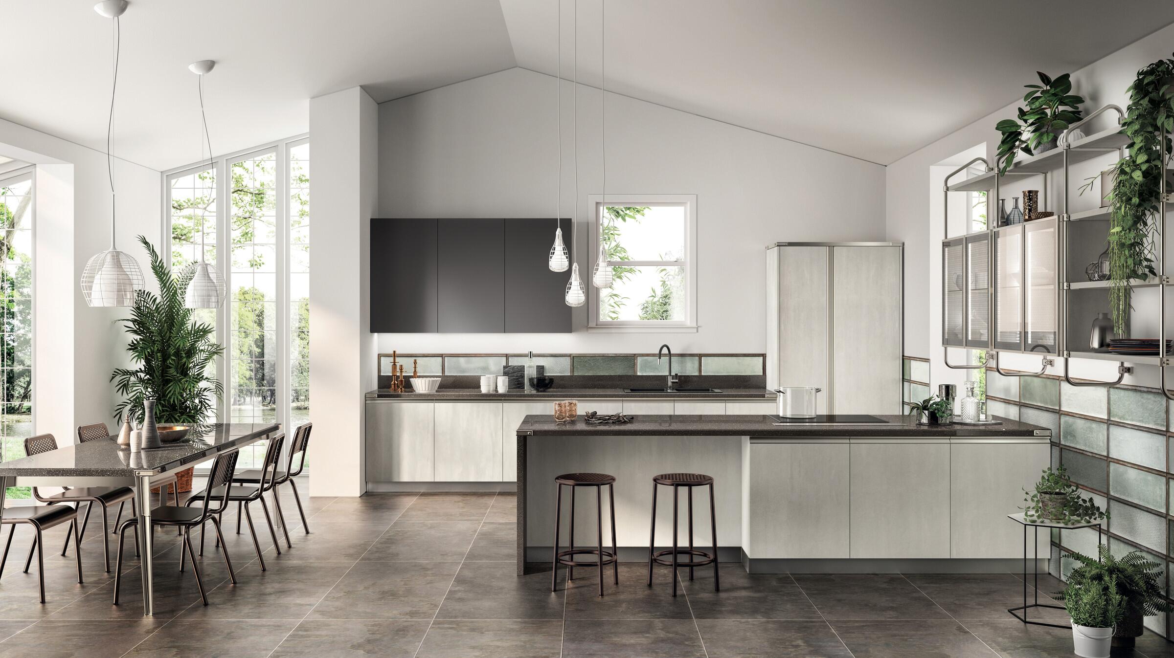 Scavolini Diesel Open Workshop peninsula kitchen in Concrete Jersey and Earth Grey