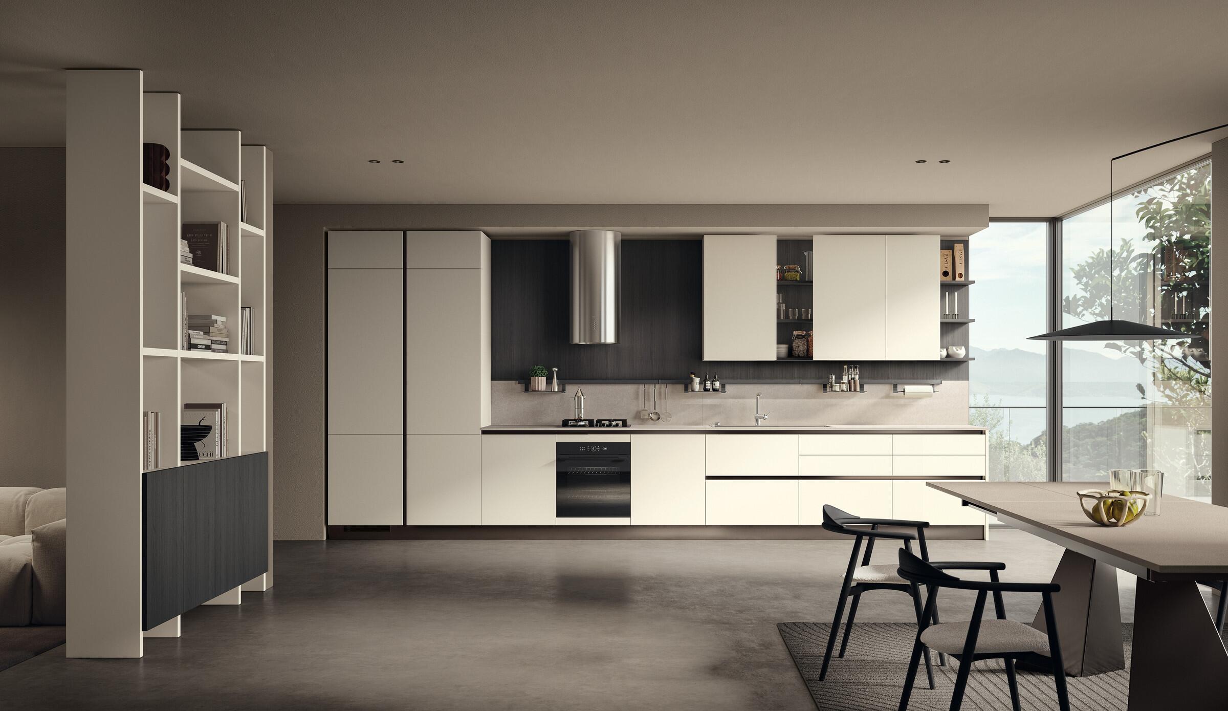 Scavolini Essenza kitchen – Linear composition, Snow White decorative melamine doors