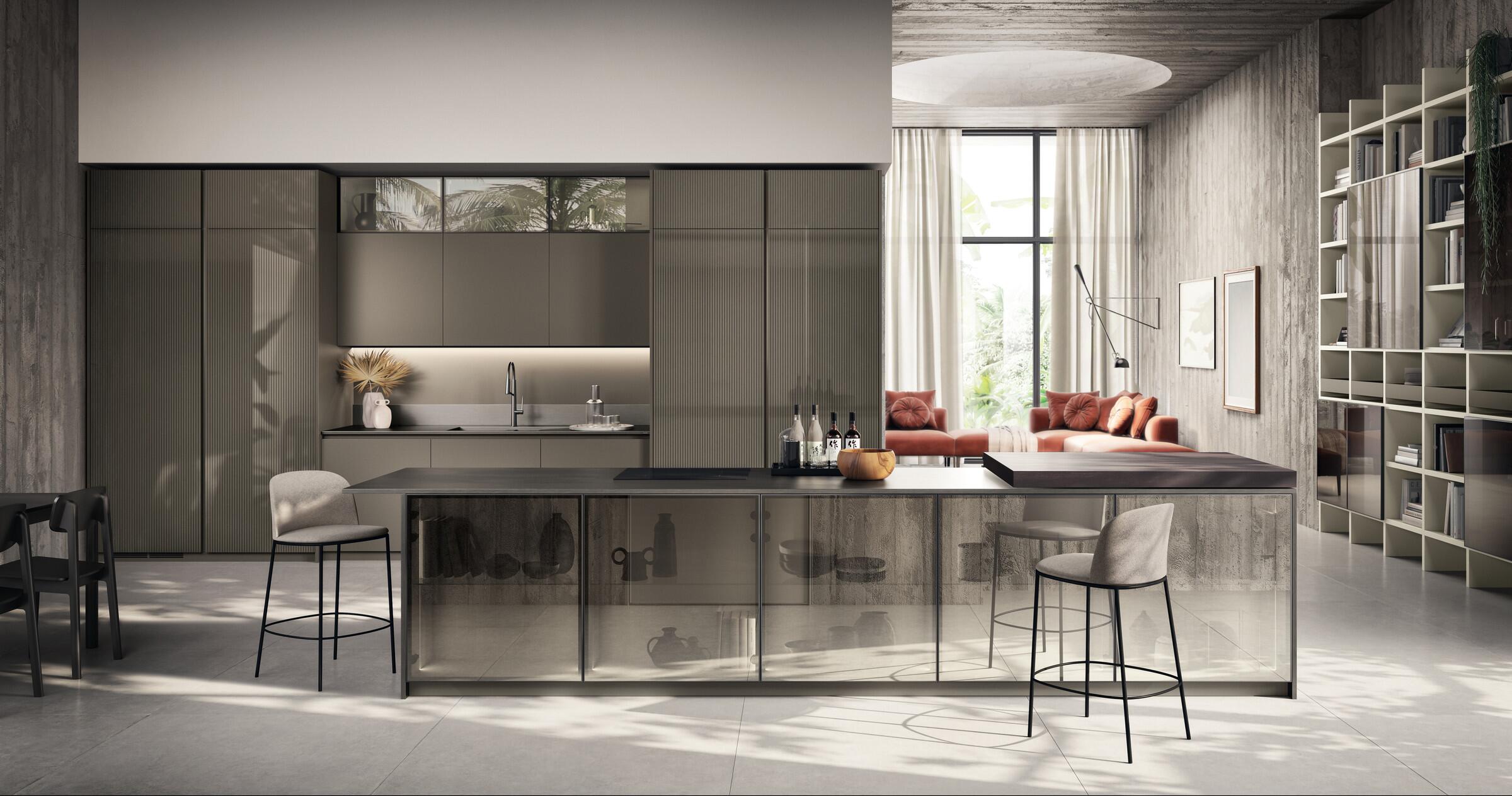 Scavolini Libra kitchen – Cuvée pearl-effect matt lacquered and glossy lacquered slat door