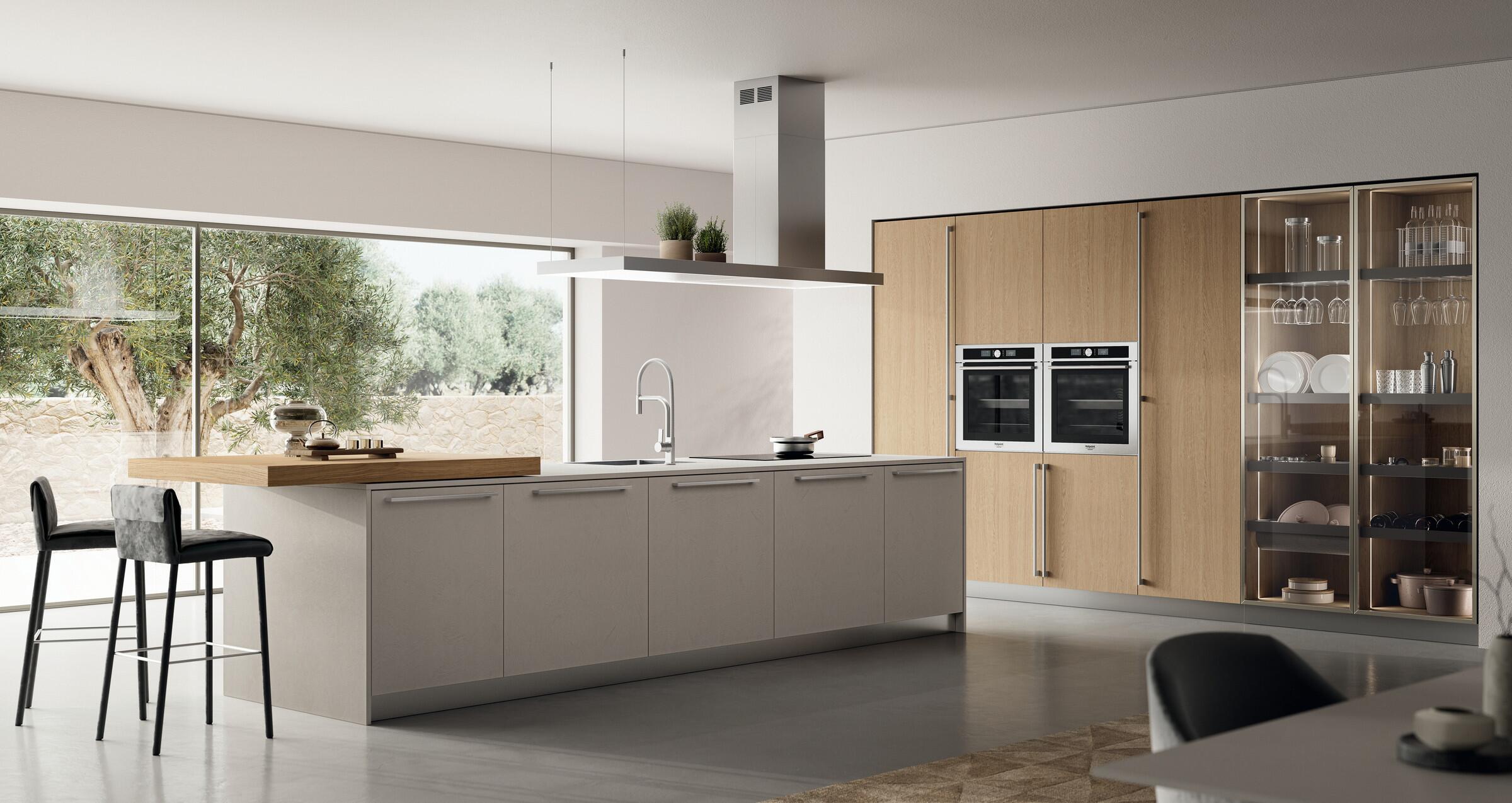 Scavolini Moda kitchen island in Vertigo and Gold Oak with Champagne-finish frames