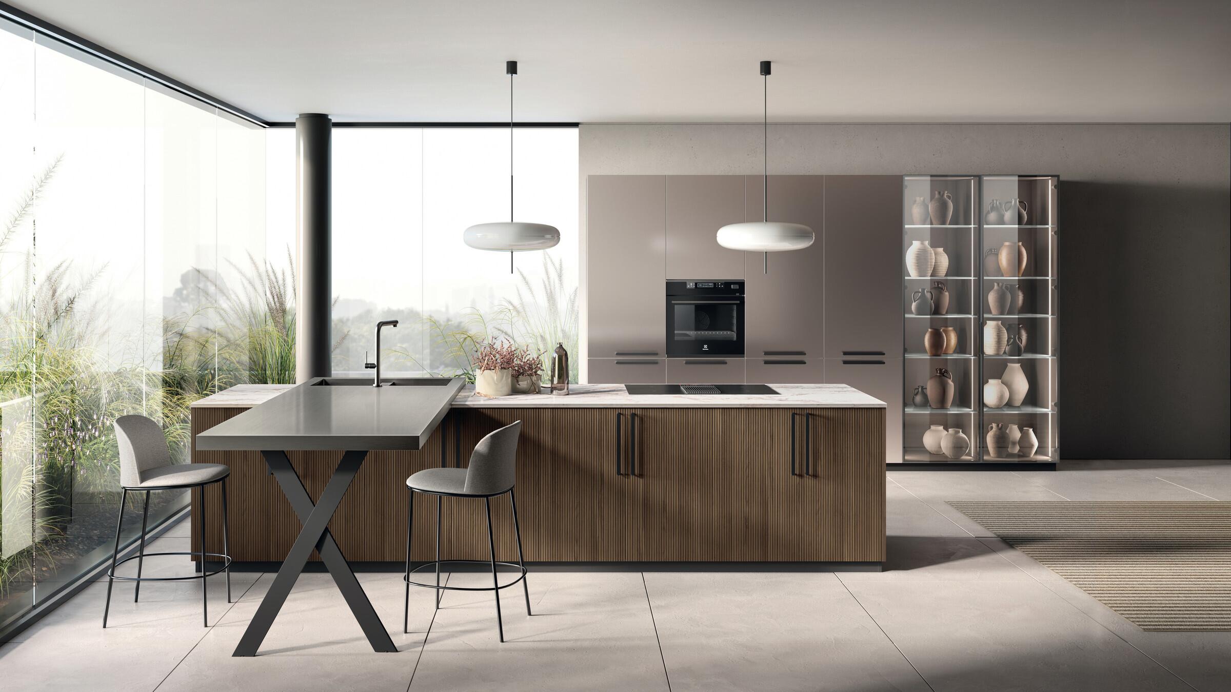 Scavolini Musa kitchen – The composition boasts an island with Pecan Oak slat veneered door