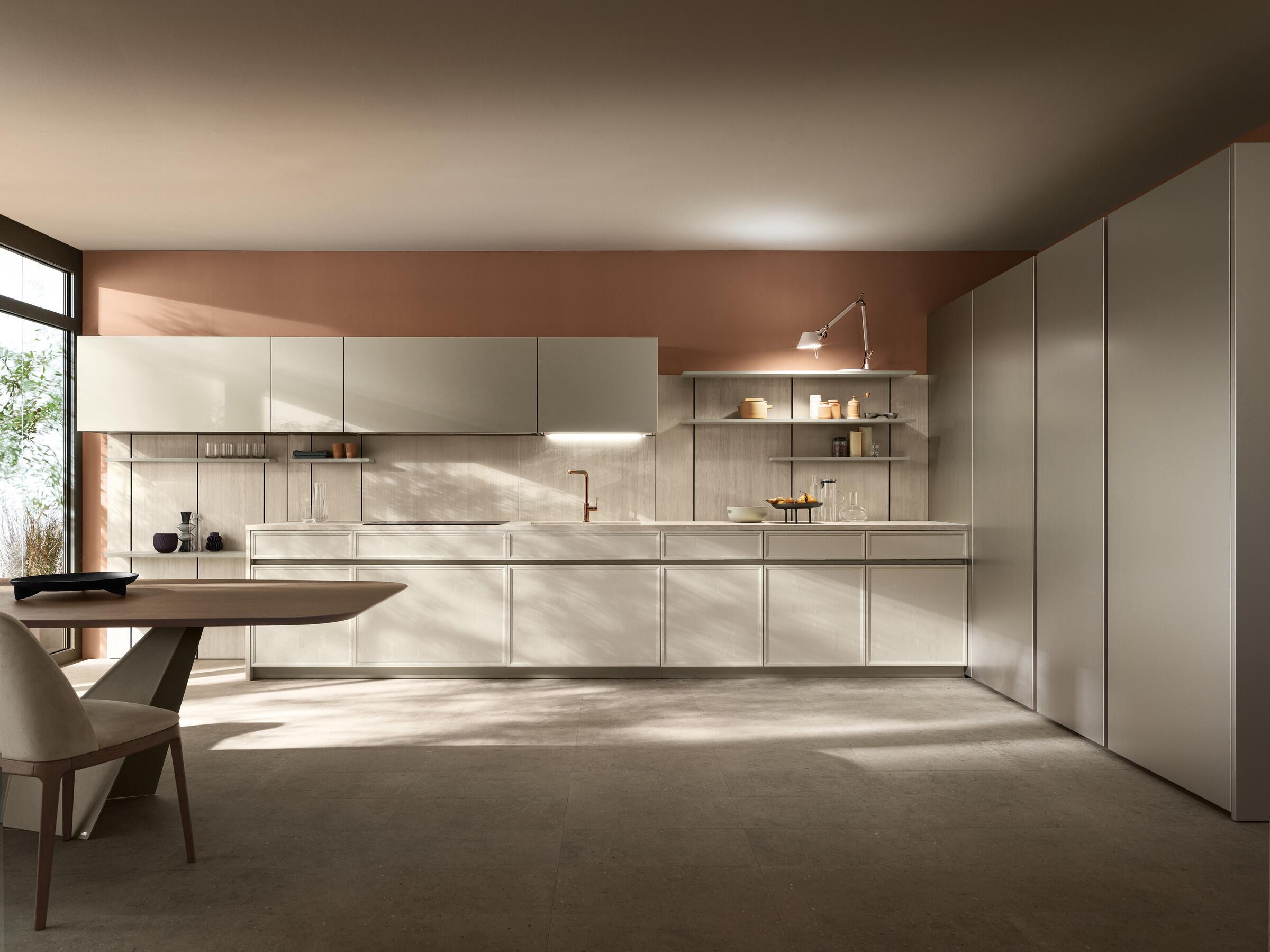 Scavolini Poetica kitchen – Corner composition, Rice Ash wooden frame doors and Perlage pearl-effect matt lacquered doors