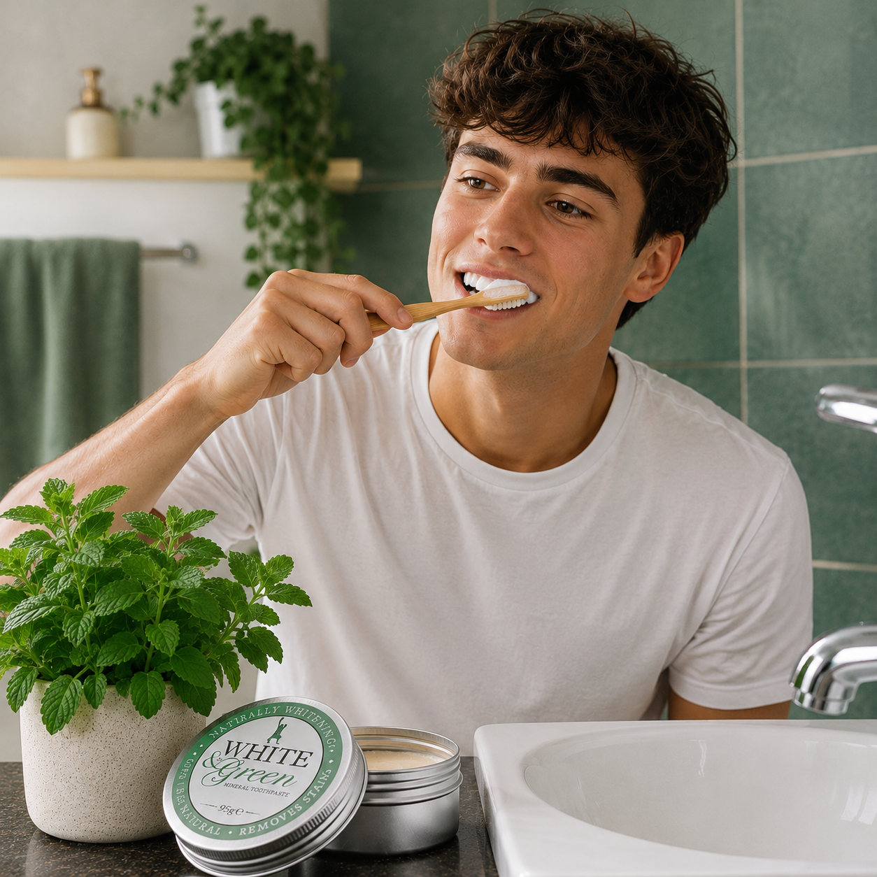 Young man brushing his teeth with white and green mineral toothpsate, certified organic, non foam