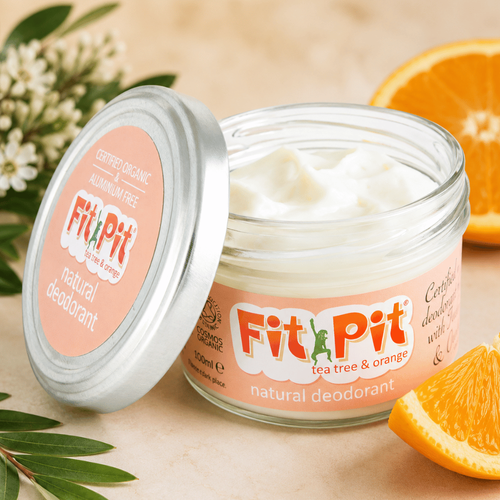 Fit Pit Tea Tree & Orange natural deodorant in reusable glass jar with organic tea tree and orange essential oils