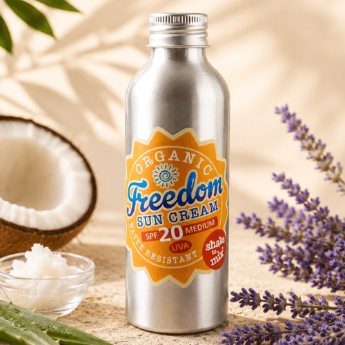 Freedom suncream with organic ingredients, inclduing coconut, aloe vera and lavender
