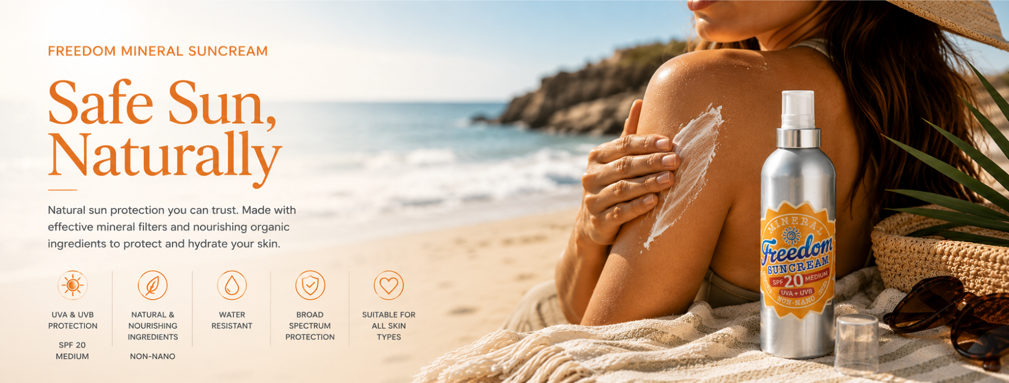 Freedom Mineral Suncream SPF 20 shown on a beach beside a woman applying suncream. Banner highlights non-nano mineral sun protection and water resistance.