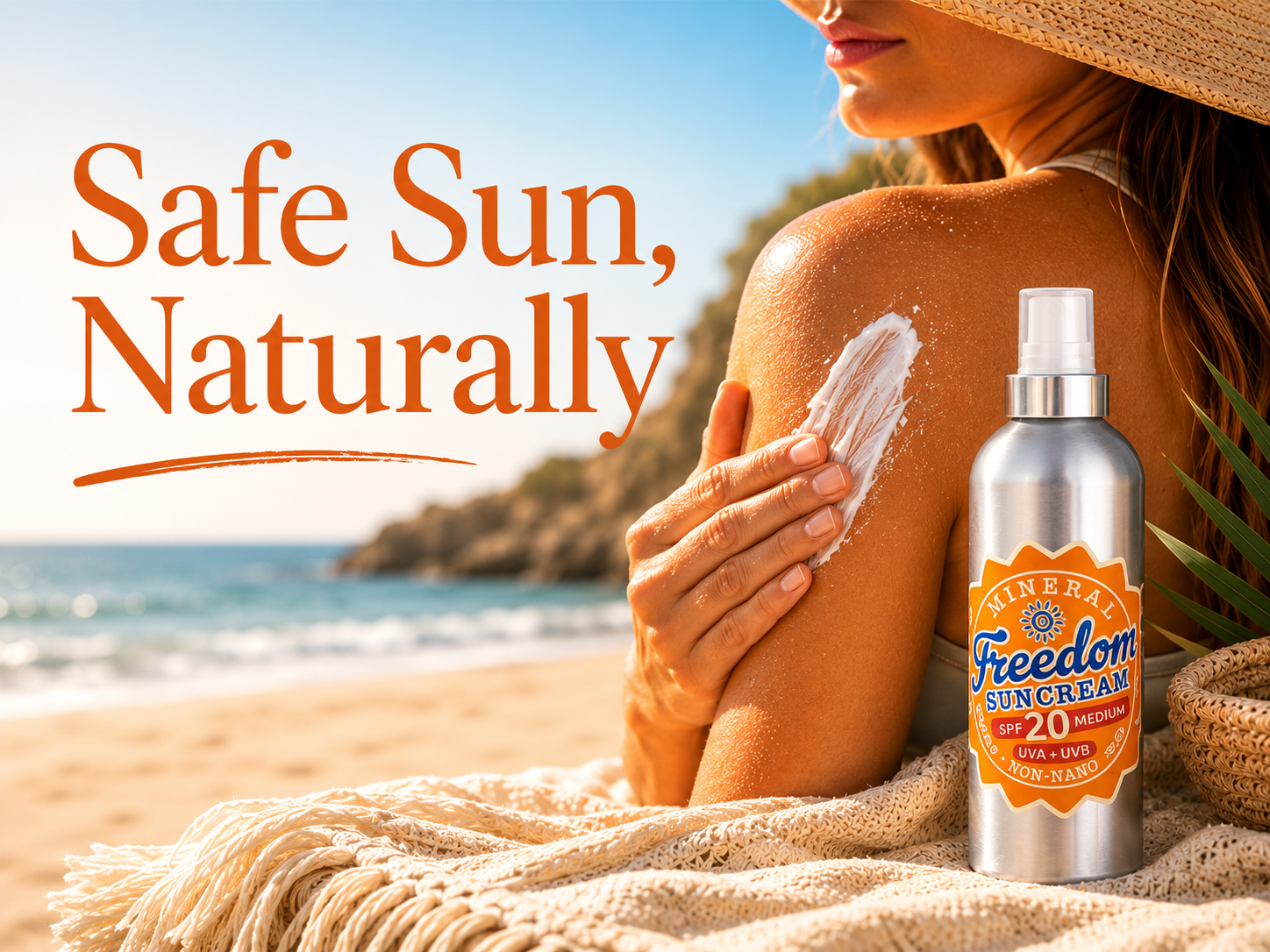 Freedom Mineral Suncream SPF 20 shown on a beach beside a woman applying suncream. Banner highlights non-nano mineral sun protection and water resistance.