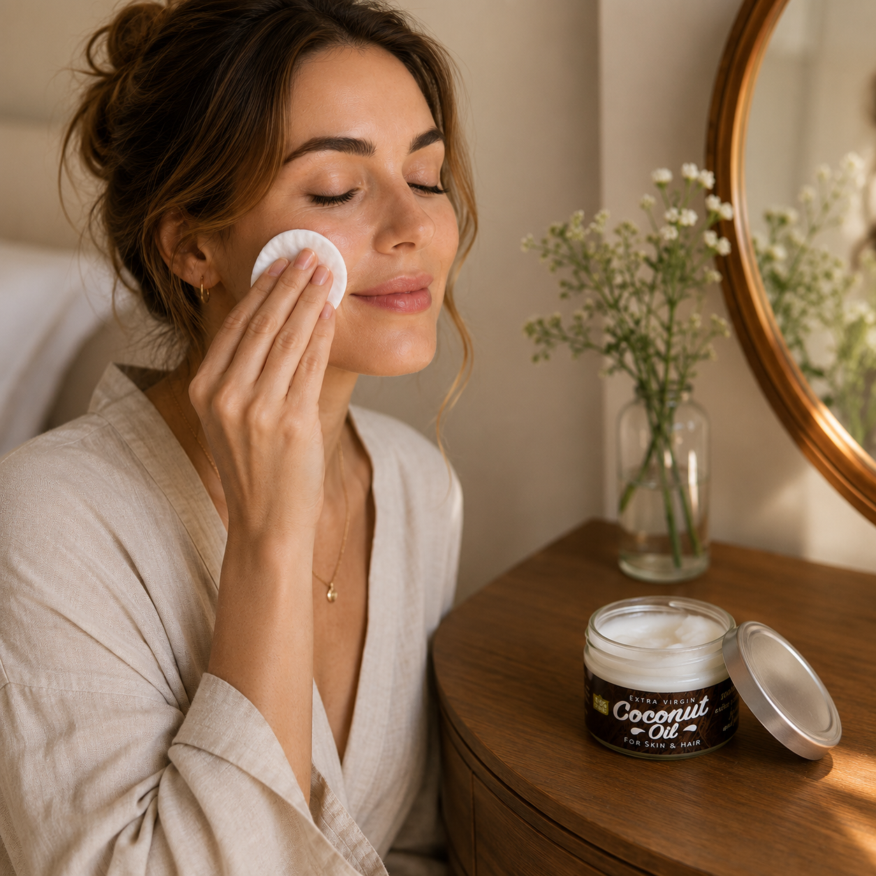 Extra Virgin Coconut Oil can be used in a variety of ways on the skin and hair, including removing makeup
