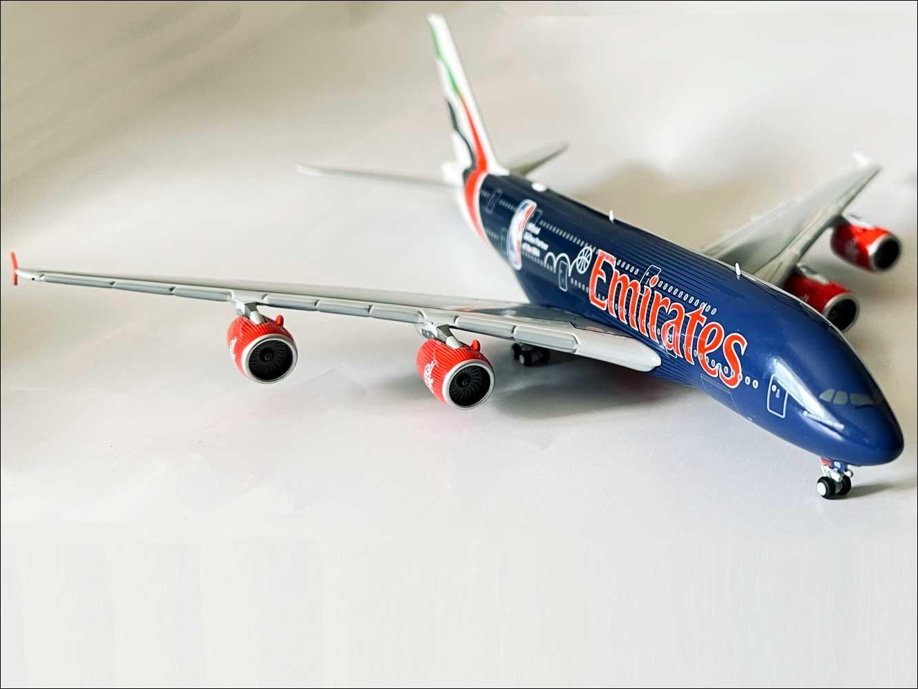 Highly collectible desktop display model of A380 Emirates NBA livery