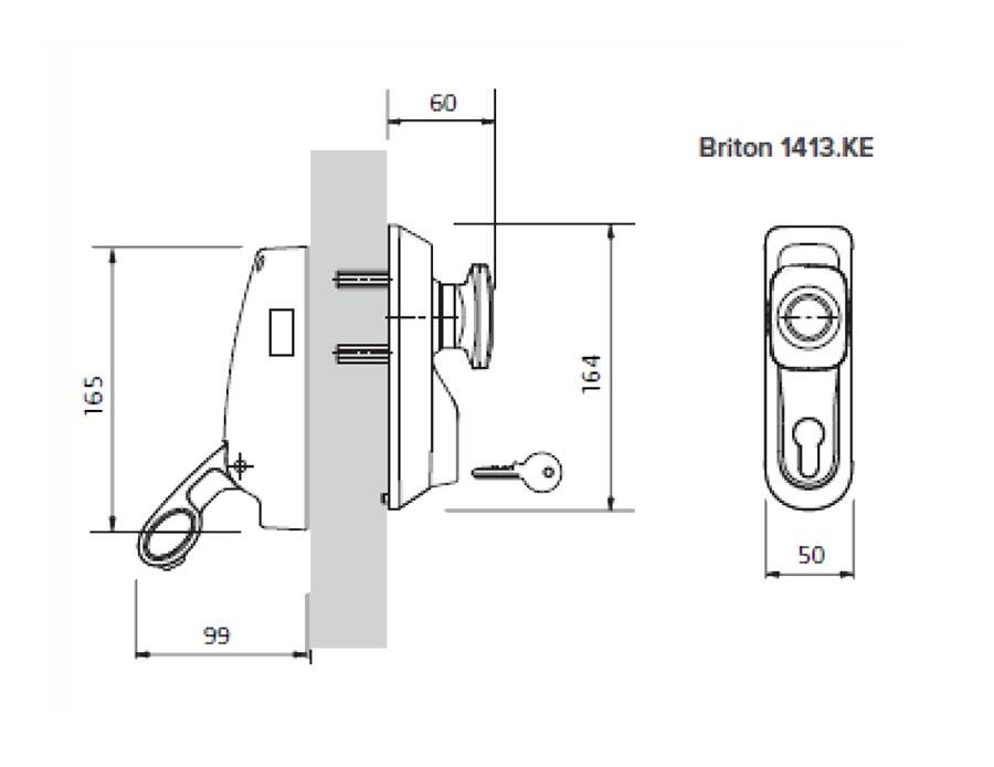 Briton 1413/KE.SE | Outside Access Device - Knob w. Euro Profile Cylinder - Dimensional Drawing