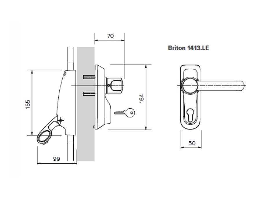 Briton 1413/LE.SE | Outside Access Device - Lever w. Euro Profile Cylinder (1413) - Dimensional Drawing