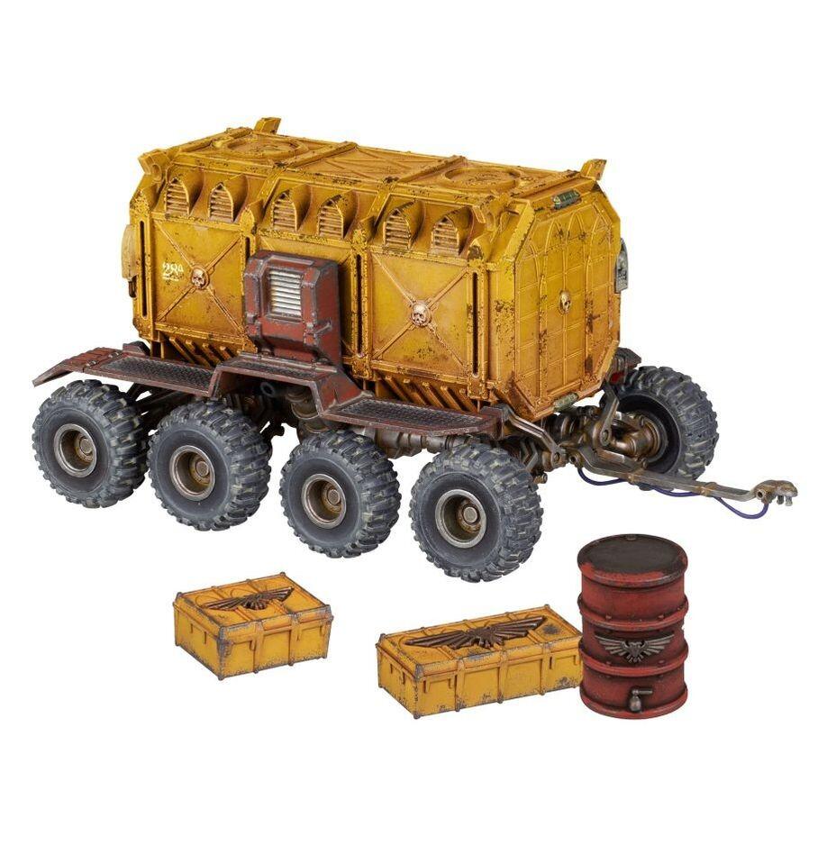 Cargo-8 Ridgehauler Trailer model kit linked behind the Ridgehauler Prime Mover on a Necromunda Ash Wastes battlefield