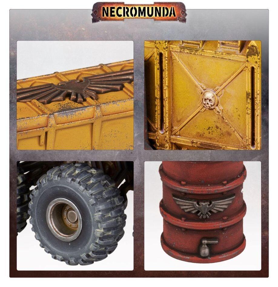 Cargo-8 Ridgehauler Trailer model kit linked behind the Ridgehauler Prime Mover on a Necromunda Ash Wastes battlefield