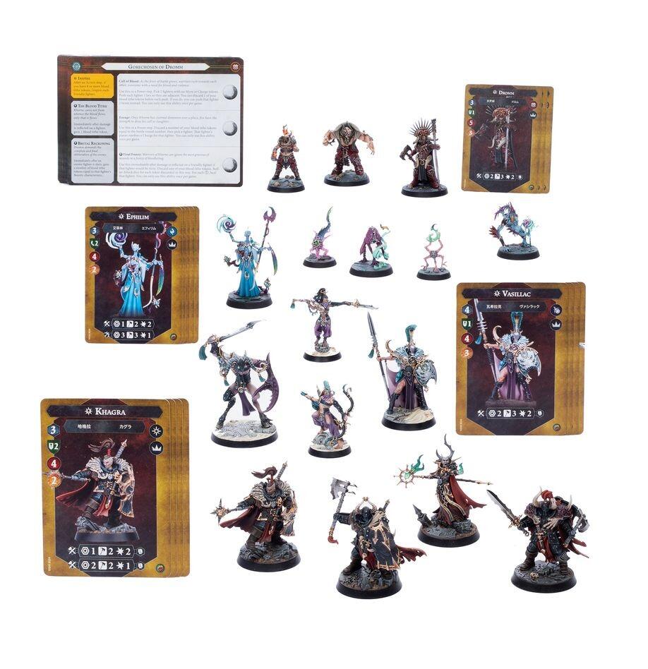 Painted Chaos warband miniatures on display base