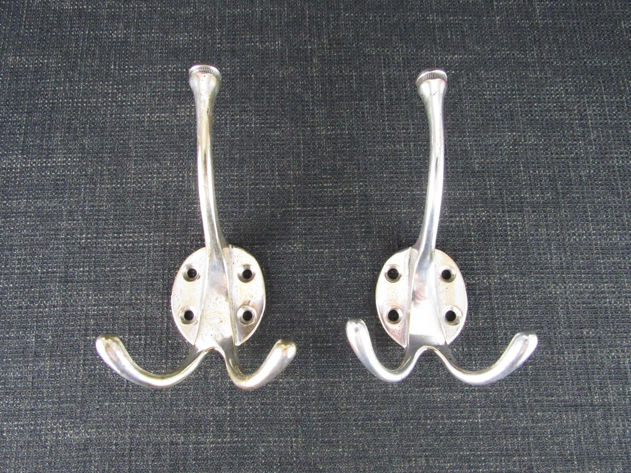 2 Vintage Hat & Coat Hooks - Nickel Plated Brass