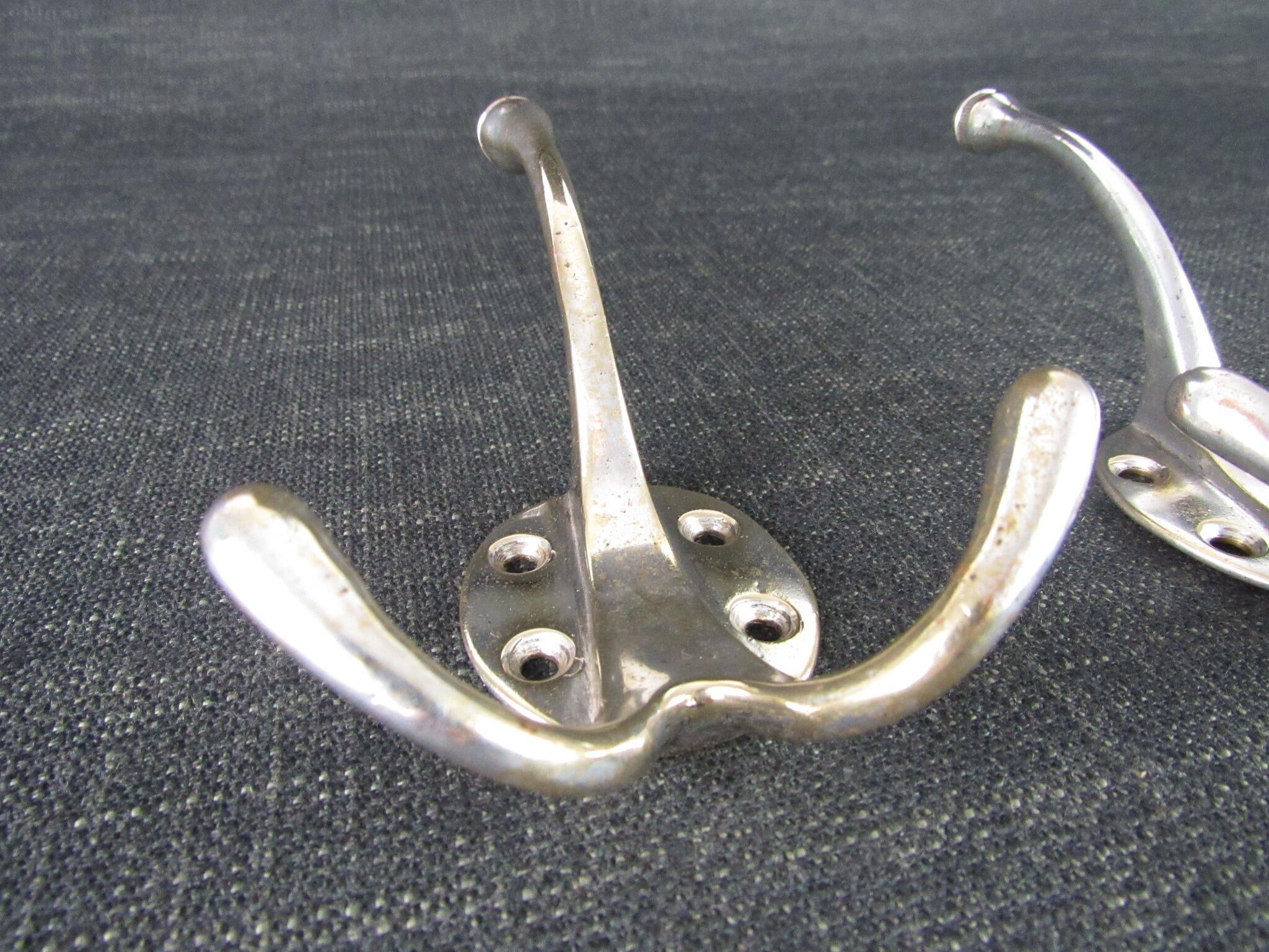 2 Vintage Hat & Coat Hooks - Nickel Plated Brass