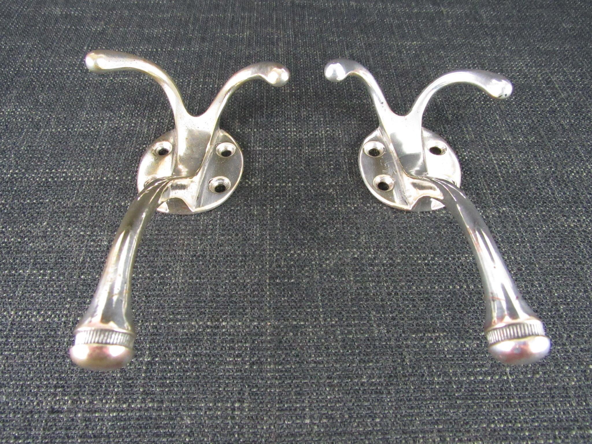 2 Vintage Hat & Coat Hooks - Nickel Plated Brass