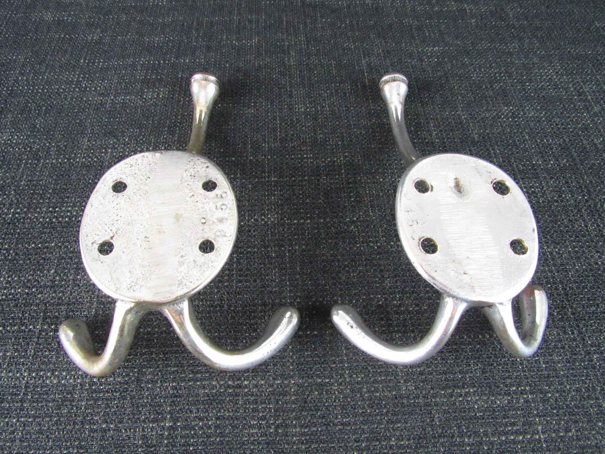 2 Vintage Hat & Coat Hooks - Nickel Plated Brass