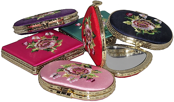 Compact mirrors with embroidered Chinese floral patterns,