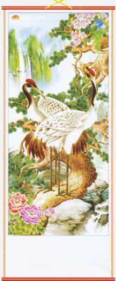 Chinese wall scroll with white feathered cranes,