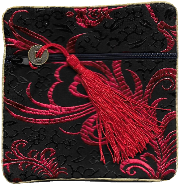 Chinese silk purses with red lucky coin tassels,