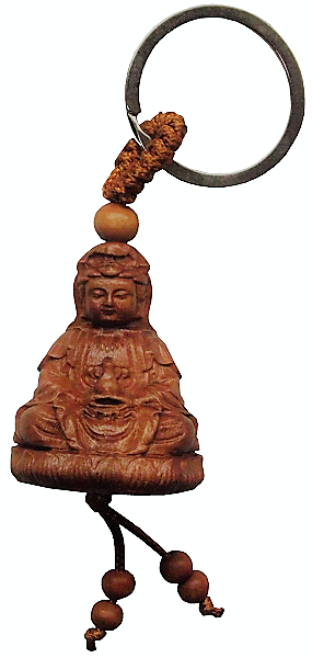 Guan Yin Buddha key ring made from Peach fruitwood,