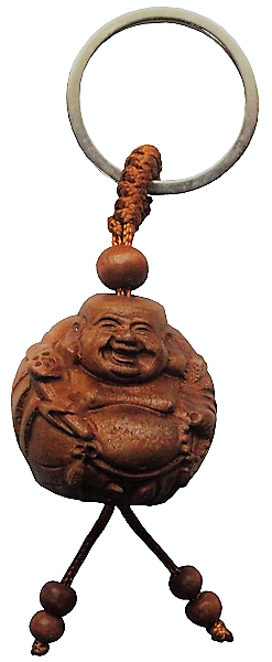 Wooden Happy Buddha key rings made from natural peach fruitwood,