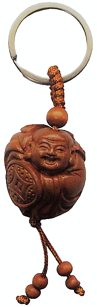 Lucky Buddha keyrings made from natural peach fruit wood,