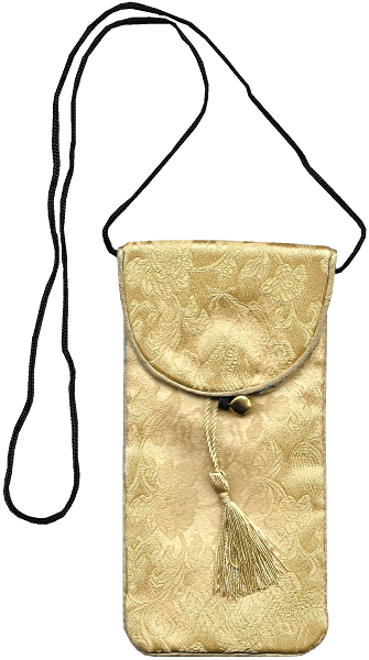 Gold Chinese style phone pouches with oriental floral patterns,