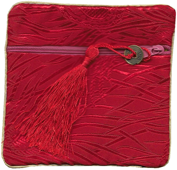 Red and gold silk purse with a lucky Chinese coin tassel,