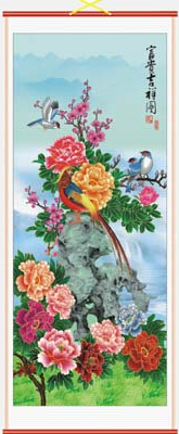 Chinese wall scrolls decorated with colourful oriental flowers,