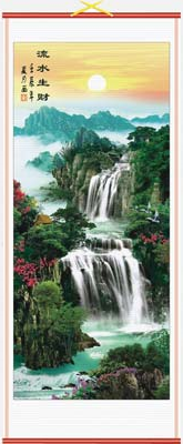 Chinese wall scroll of oriental waterfalls and mountain landscapes,