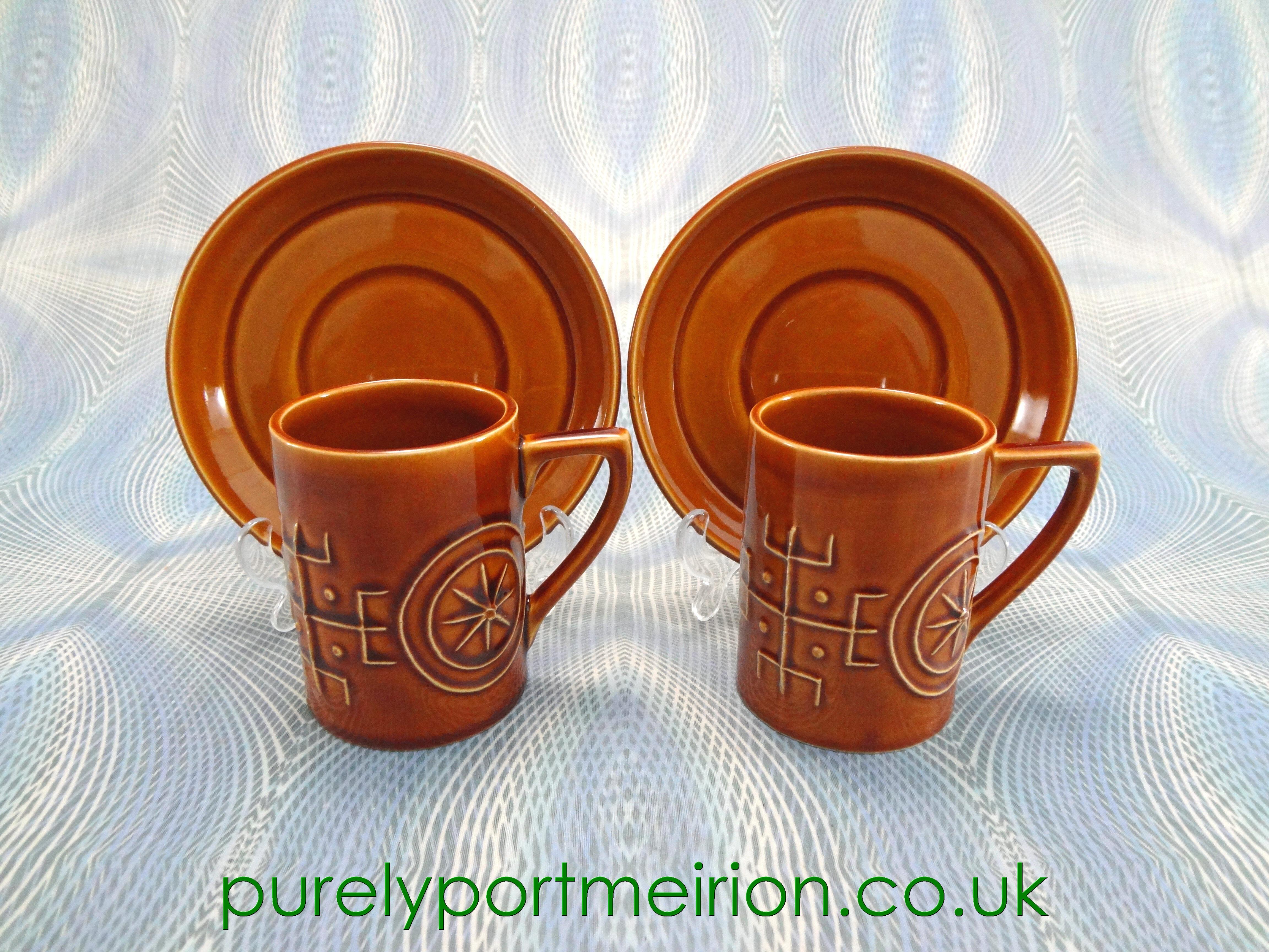 Portmeirion Pottery Totem Amber Pair Of Coffee Cups And Saucers, TTA19