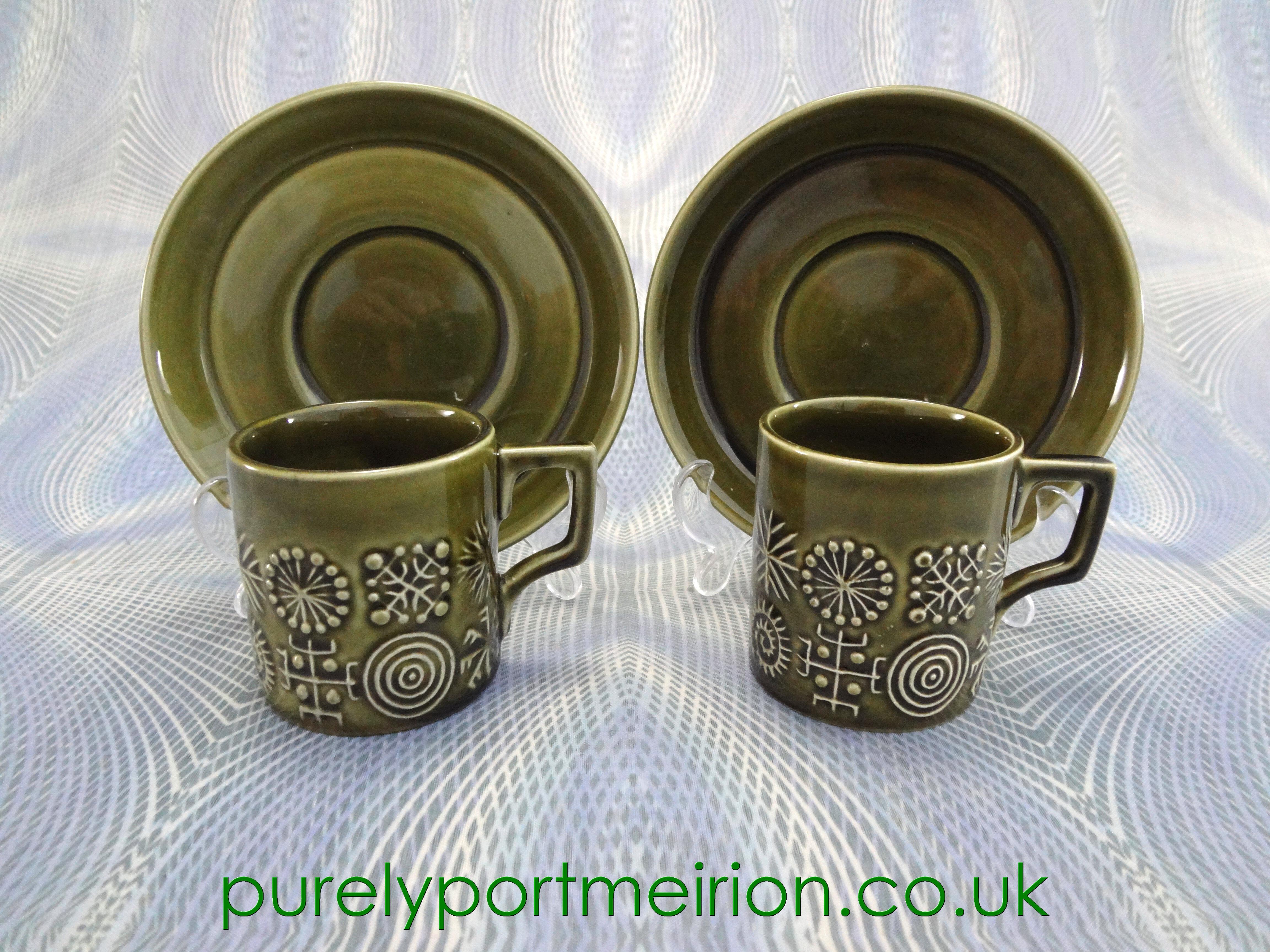 Portmeirion Pottery Totem Sage Green Pair Of Espresso Cups And Saucers, TTS18