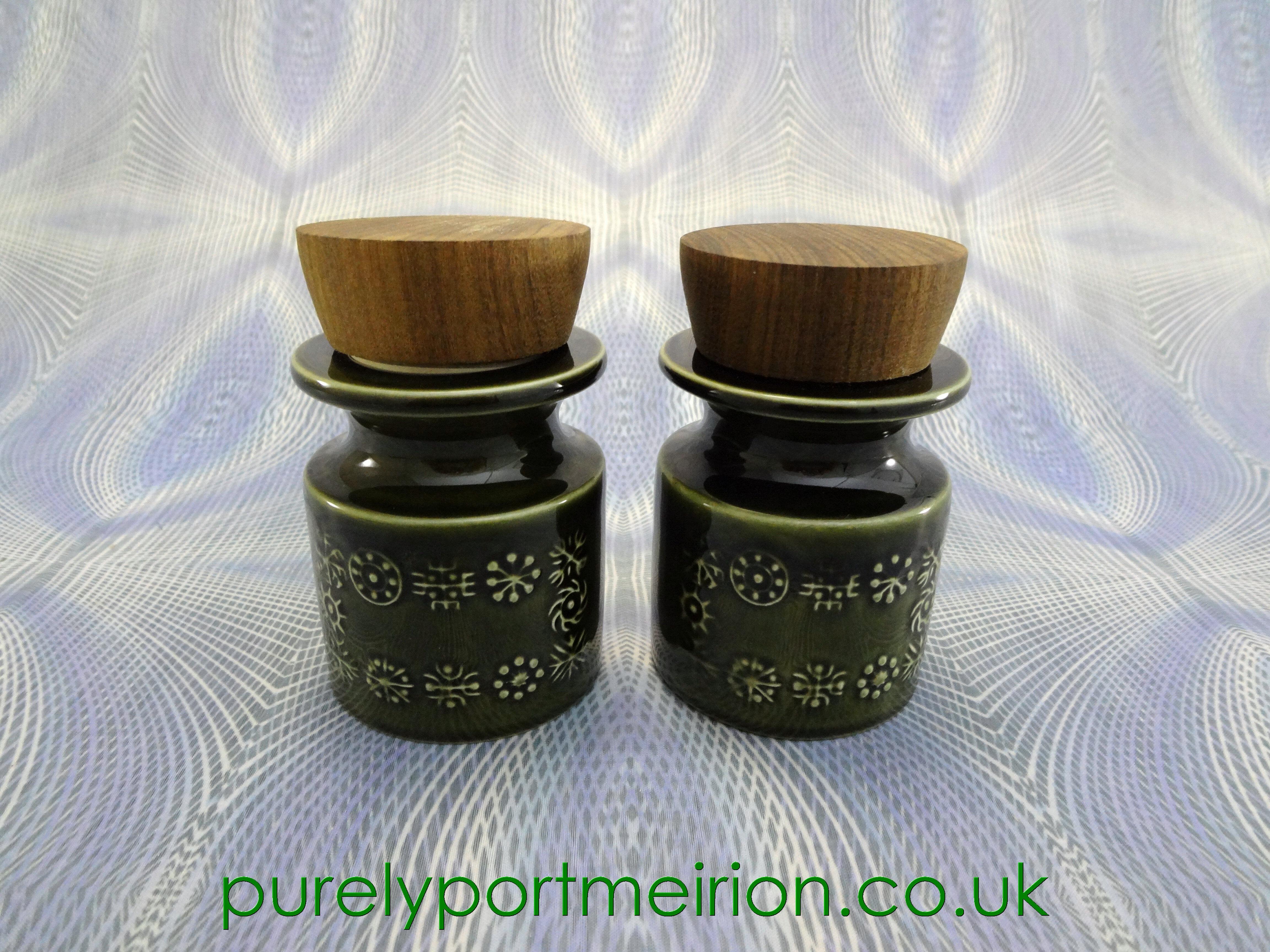 Portmeirion Pottery Totem Olive Green Pair Of Small Storage Jars, TTO33